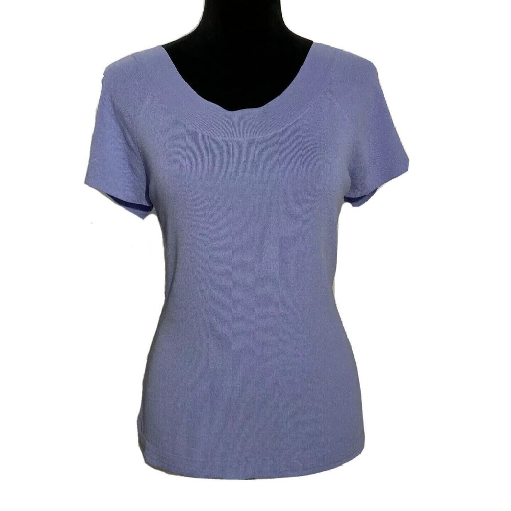 Talbots Top MED Sky Blue Knit Scoop Front Stretch Short Sl Career Casual
